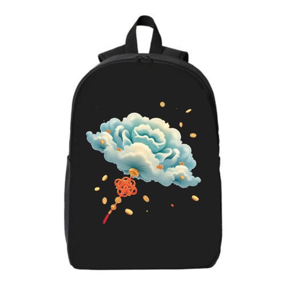 Stylish Black Laptop Backpack for College & High School - Features Artistic Blue & White Cloud Design with Golden Particles & Red Chinese - Fits 15 " Laptop & iPad