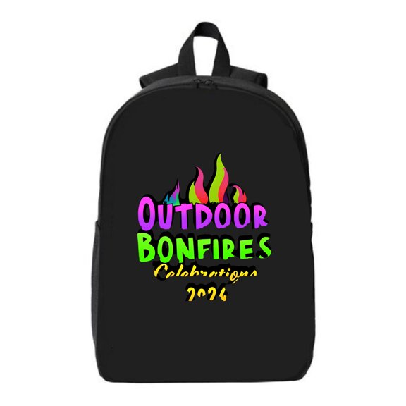 Stylish Black Laptop Backpack for College & Travel - Features Colorful ' OUTDOOR BONFIRES Celebrations 2006 ' Design with Flame Graphic Fits 15 " Laptop & iPad