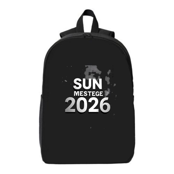 Stylish Black Laptop Backpack for College & Travel - Features ' SUN MESTGE 2026 ' in Bold White Gray with Abstract Splash Design Fits 15 " Laptop & iPad