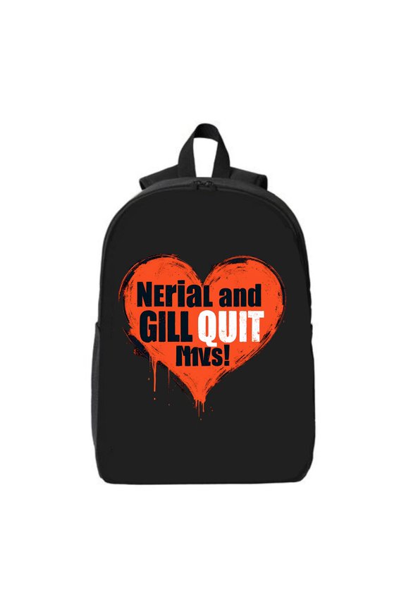 Stylish Black Laptop Backpack with Dripping Orange Heart Design Bold ' Nerial ' ' Gill Quit ' Text Perfect for College & Travel Fits 15" Laptop & iPad