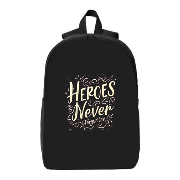 Stylish Black Laptop Backpack for College & Travel - " Heroes Never Forget " Decorative Design with Elegant Swirls Fits 15 " Laptop & iPad