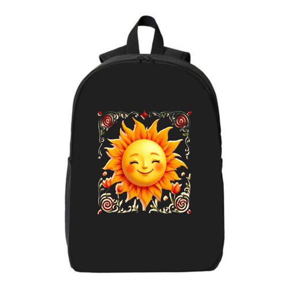 Stylish Black Laptop Backpack with Cheerful Sun & Vibrant Floral Design Fits 15 " Laptop & iPad Perfect for Travel
