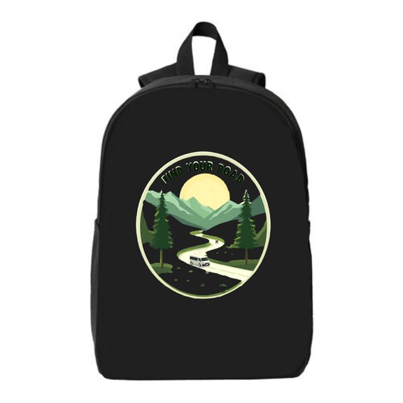 Stylish Black Laptop Backpack with Circular Nature Design - Features Winding River Car Mountains Trees & ' FIND YOUR ' Text - Fits 15 " Laptop & iPad