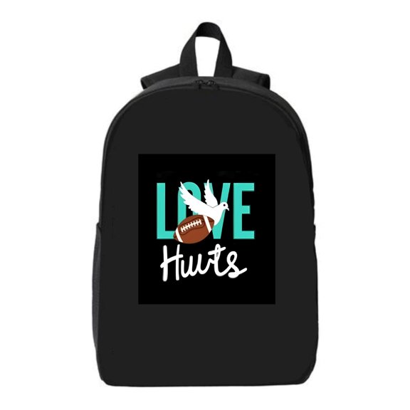 Stylish Black Laptop Backpack with Teal ' LOVE ' & White ' Hurts ' Design Football Graphic Fits 15 " Laptop & iPad Perfect for Travel
