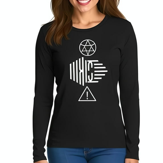 Stylish Black Long Sleeve T-Shirt with Unique Monochrome Geometric Graphic Design - XIC Motif