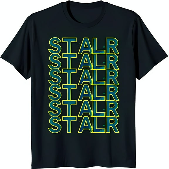 Stylish Black Neck T-Shirt with Bold STALR Design Blue & Yellow Graphic