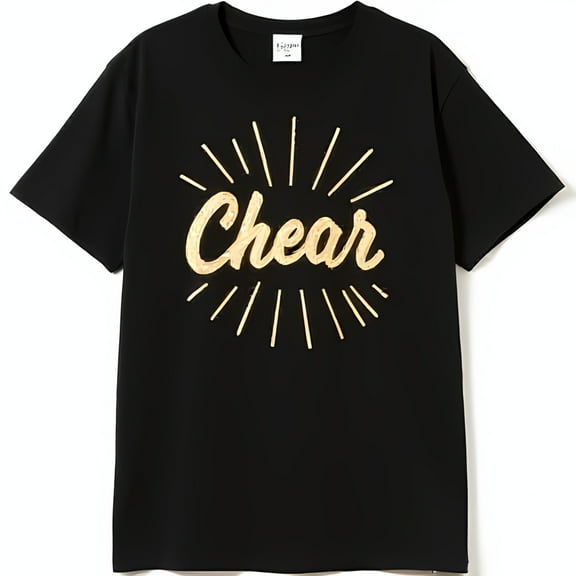 Stylish Black Neck T-Shirt with Gold Glitter Cheer Graphic