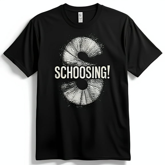Stylish Black Neck T-Shirt with Unique White S Graphic & SCHOOSING Print