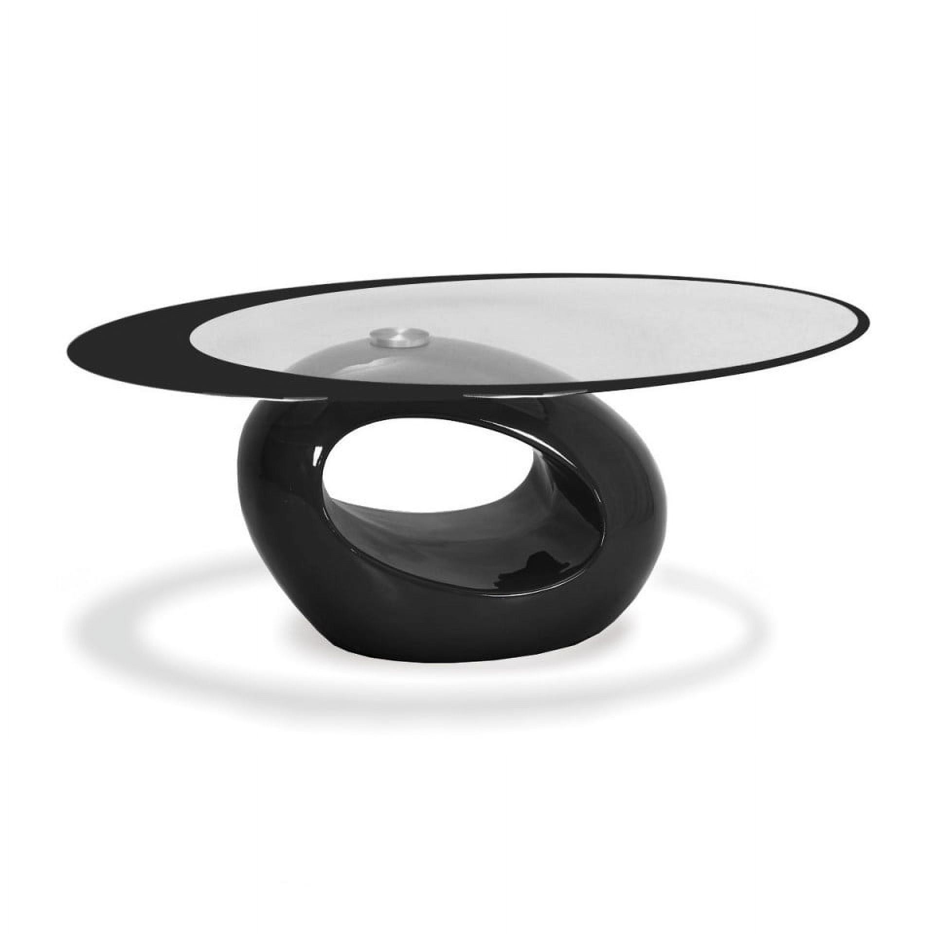 Modern Oval Black Glass Top Coffee Table with Asymmetric Wood Base