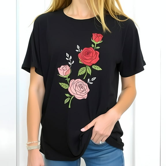 Stylish Black Oversized Cotton T-Shirt with Elegant Floral Design - Three Roses in Red Pink & Bud Relaxed Fit Perfect for Casual Wear