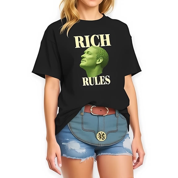 Stylish Black Oversized Cotton T-Shirt with Green Portrait & 'RICH RULES' Text - Vintage Pop Art Design