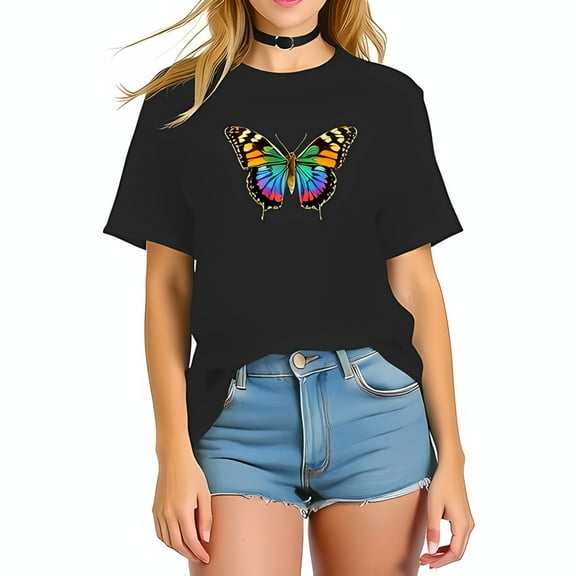 Stylish Black Oversized Cotton T-Shirt with Vibrant Multicolored Butterfly Graphic - Casual Summer Tee
