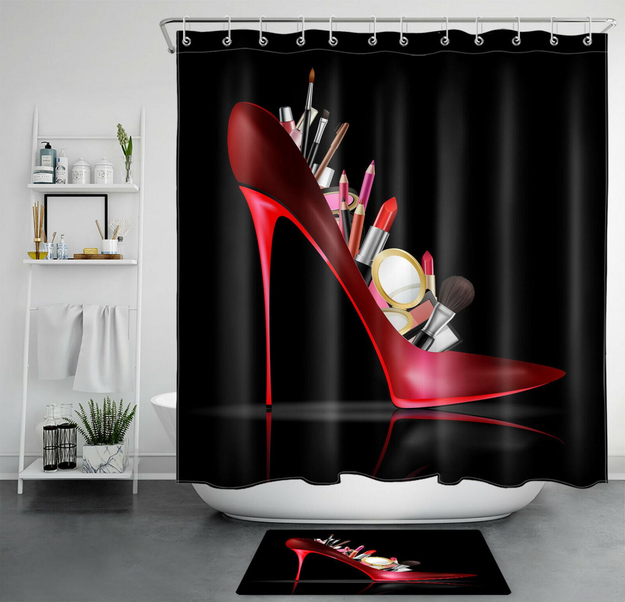 Stylish Black & Red High Heels Shower Curtain Set Perfect Bathroom