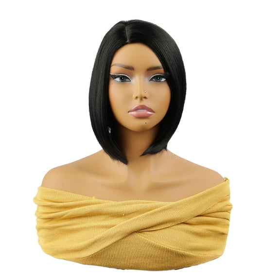 Stylish Black Short Straight Wig for Women with Side Parting - Shoulder Length High-Temperature Wire Hairpiece