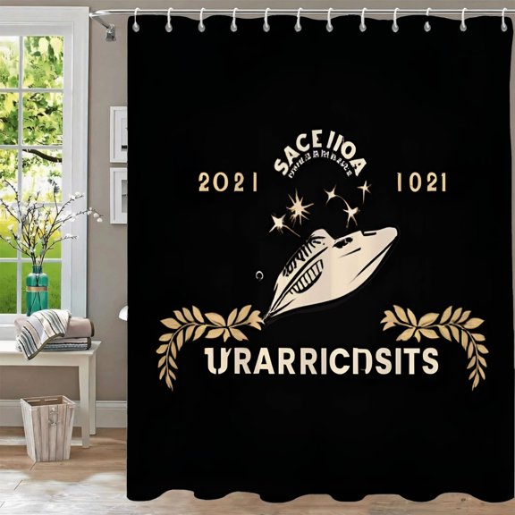 Stylish Black Shower Curtain with Golden Laurel and Bird Design Waterproof Fabric 70.8" x 70.8" Includes Grommets and Hooks