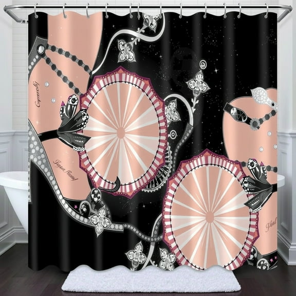 Stylish Black Shower Curtain with Pink Floral Design & Glitter Accents