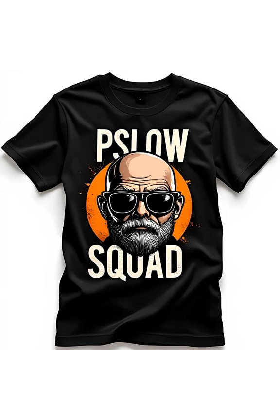 Stylish Black T-Shirt Cool Bearded Man Graphic & Psilow Squad Print, Unisex T-Shirt