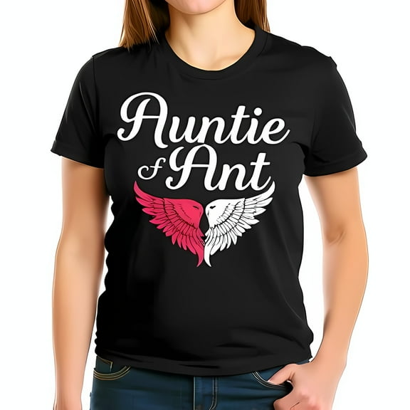 Stylish Black T-Shirt for Auntie - "Auntie of Ant" with Pink & White Wings Design - Perfect Gift for Loving Aunts