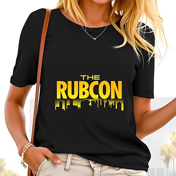 Stylish Black T-Shirt for Women - "THE RUBCON" Urban Graphic Tee with Cityscape Design - Casual Short Sleeve Crew Neck Top