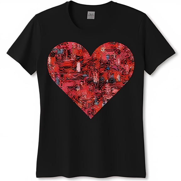 Stylish Black T-Shirt with Abstract Red Heart Graphic Unique Square Design
