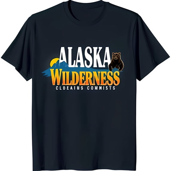 Stylish Black T-Shirt with Alaska Wilderness Graphic Mountain & Bear Design
