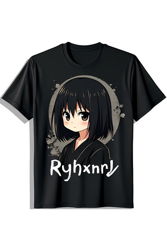 Stylish Black T-Shirt with Anime Girl Graphic Kimono Design & Cursive Name