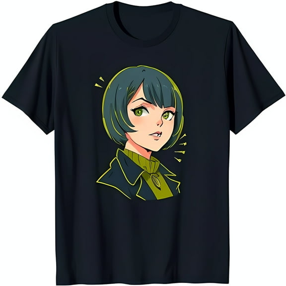 Stylish Black T-Shirt with Anime Girl Graphic Short Blue Hair & Green Eyes Design
