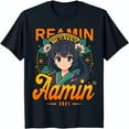 thumbnail image 1 of Stylish Black T-Shirt with Anime Graphic: 'Reamin Amin 2021' Design & Serene Character, 1 of 5