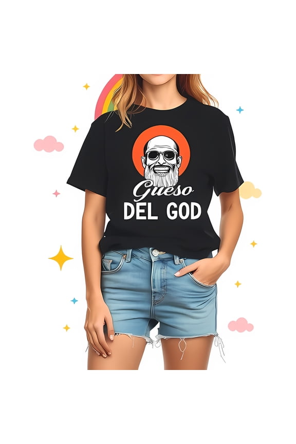 Stylish Black T-Shirt with Bearded Man Illustration & 'Queso God' Phrase - Fun Casual Wear
