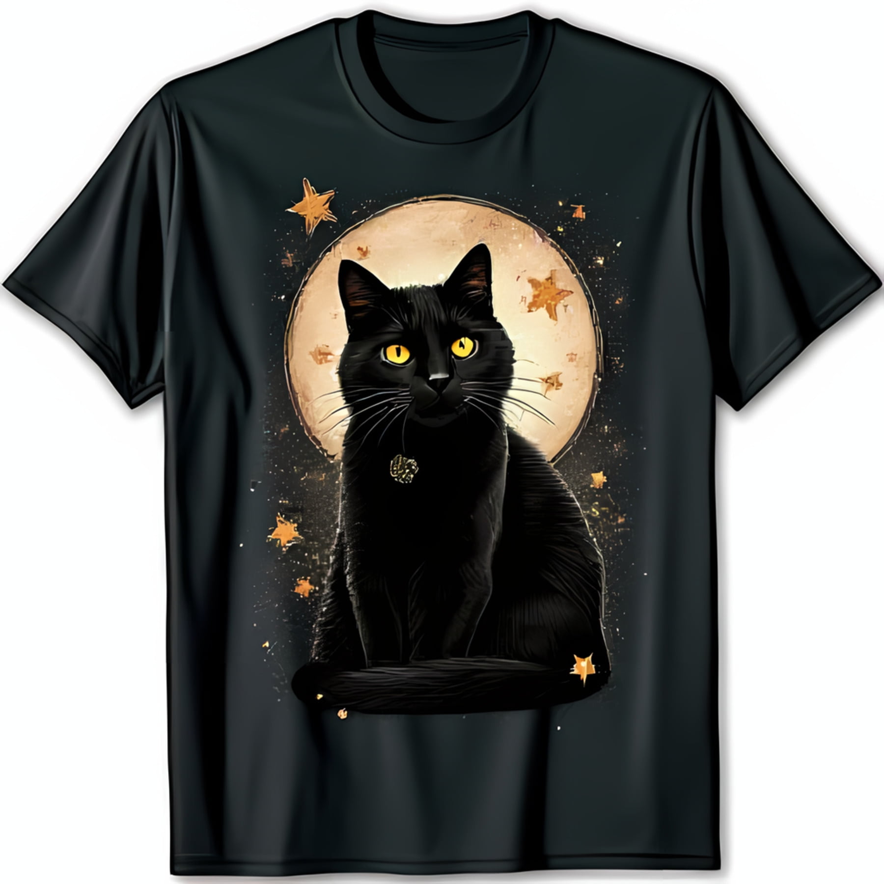 Stylish Black TShirt with Black Cat Graphic & Golden Moon Design