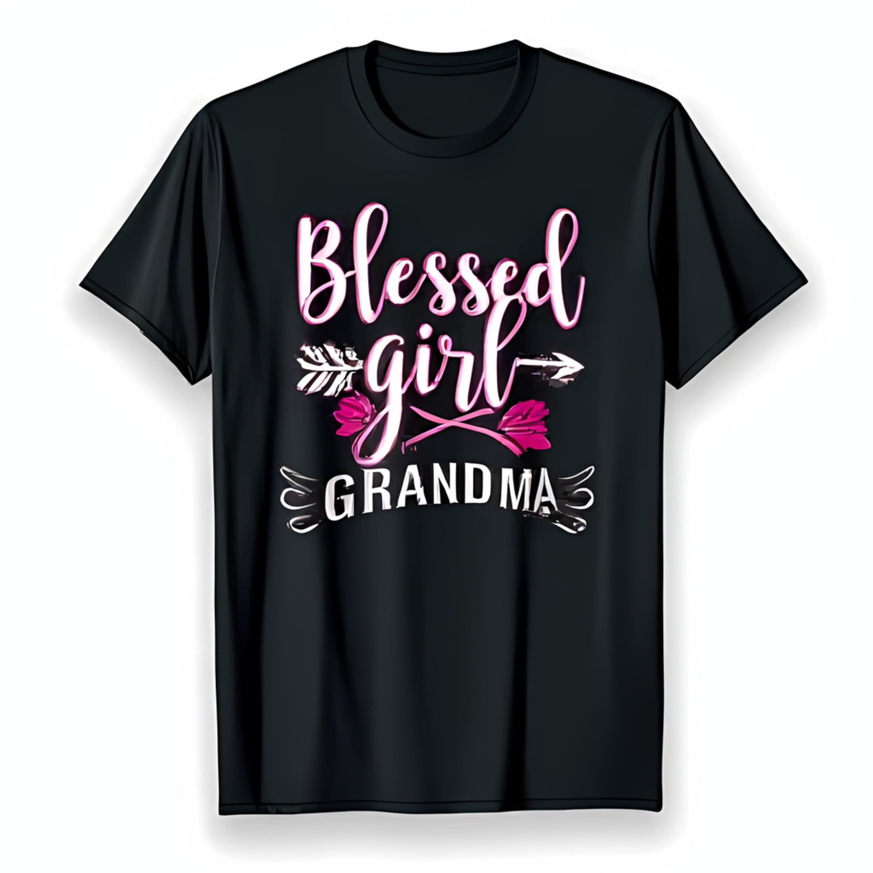 Stylish Black T-Shirt with Blessed Girl Grandma Graphic & Floral Design