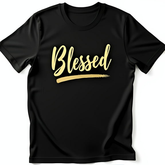 Stylish Black T-Shirt with Blessed Gold Cursive Graphic & Detail