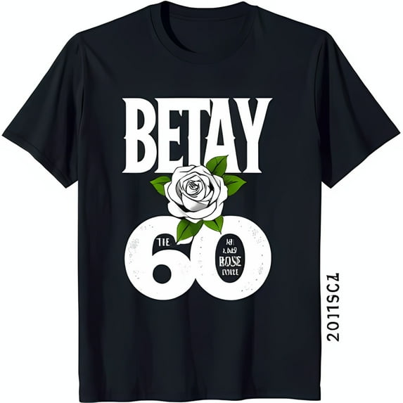 Stylish Black T-Shirt with Bold 'BETAY' Design Elegant White Rose & Unique Details