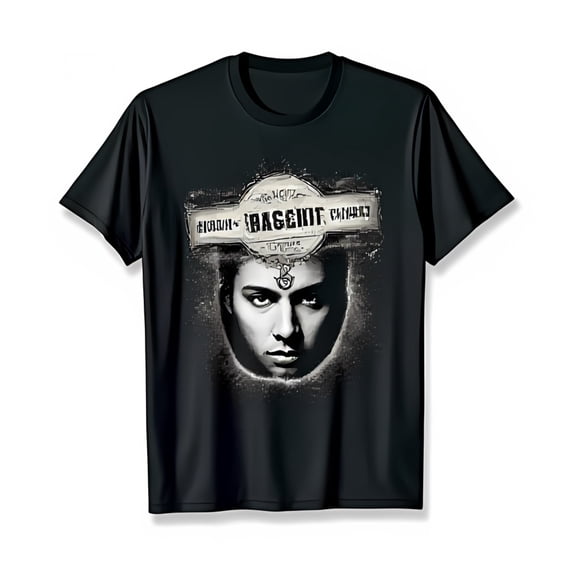 Stylish Black T-Shirt with Bold Banner Design & Face Art