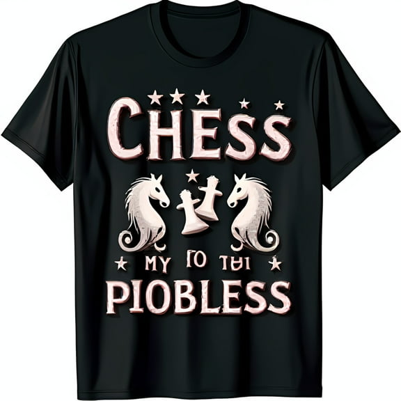 Stylish Black T-Shirt with Bold CHESS Graphic & Seahorse Chess Pieces