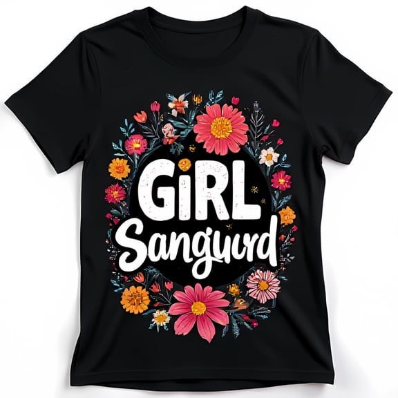 Stylish Black T-Shirt with Bold Girl Sanguard Graphic & Colorful Floral Wreath