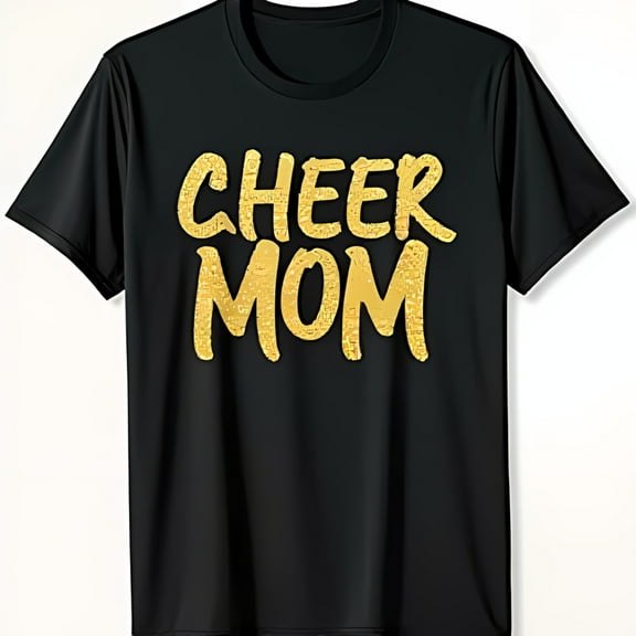 Stylish Black T-Shirt with Bold Gold Cheer Mom Graphic for Supportive Moms