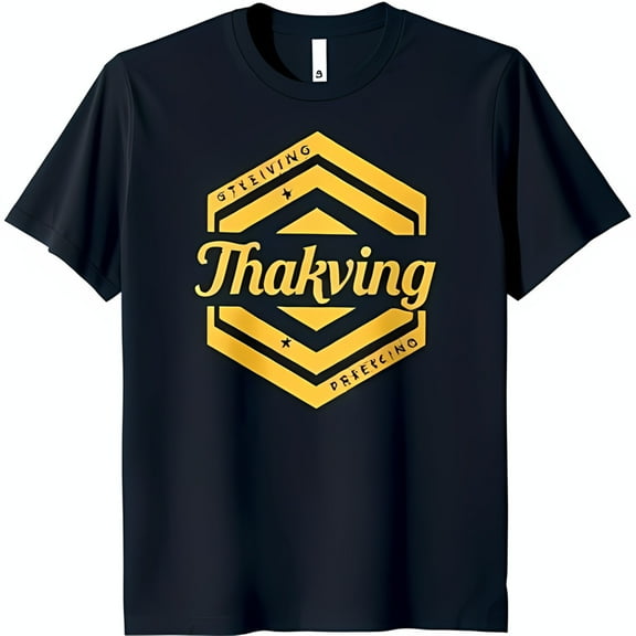 Stylish Black T-Shirt with Bold Gold Hexagon Graphic 'Thaking' Design