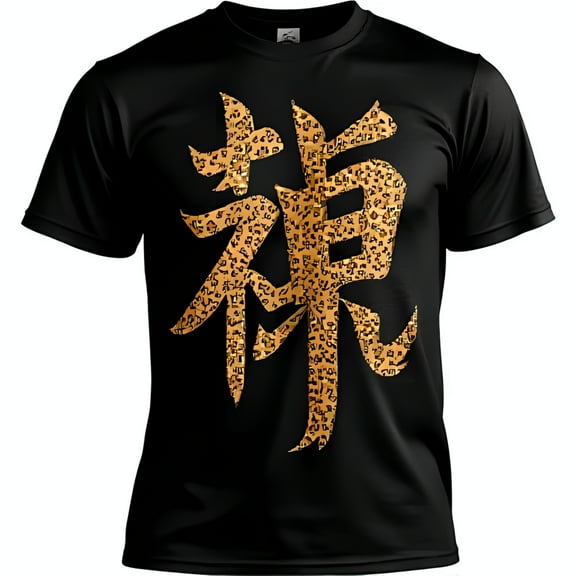 Stylish Black T-Shirt with Bold Gold Print Chinese Character Design Unique Graphic Tee for Standout Fashion