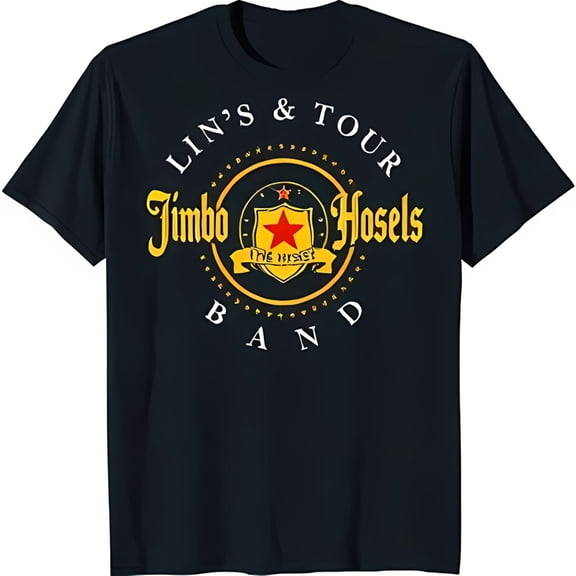 Stylish Black T-Shirt with Bold Gold & Red 'Lin's & Tour Jimbo Hosels Band' Graphic