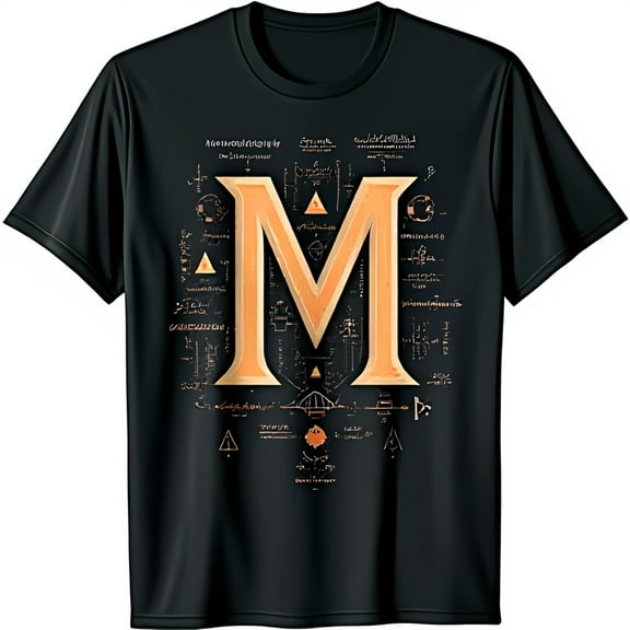 Stylish Black T-Shirt with Bold Golden M Graphic & Intricate Symbol Design