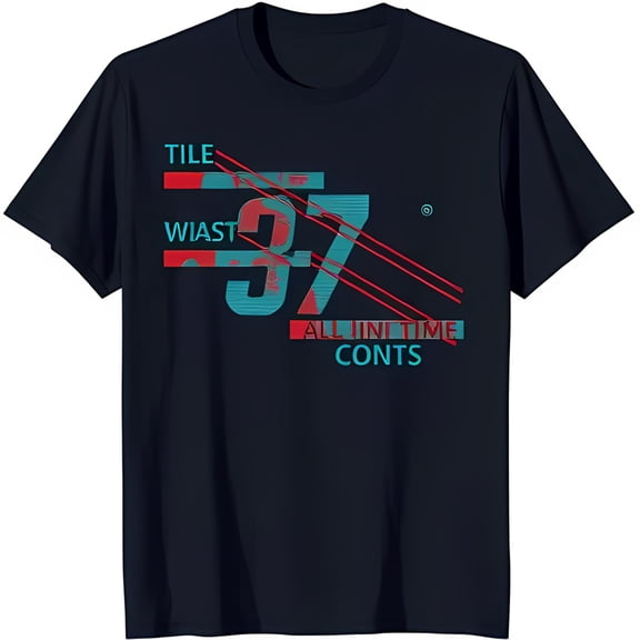 Stylish Black T-Shirt with Bold Graphic Design: Teal '97' & Red Text