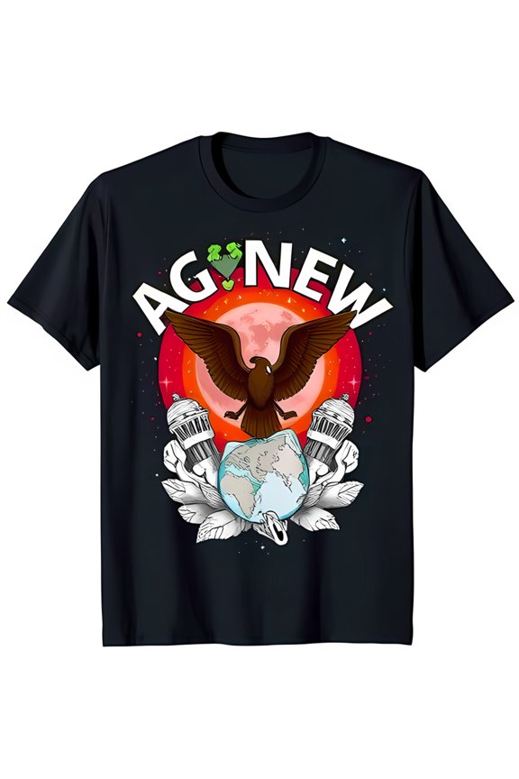 Stylish Black T-Shirt with Bold Graphic: Red Sun Eagle and Globe Design