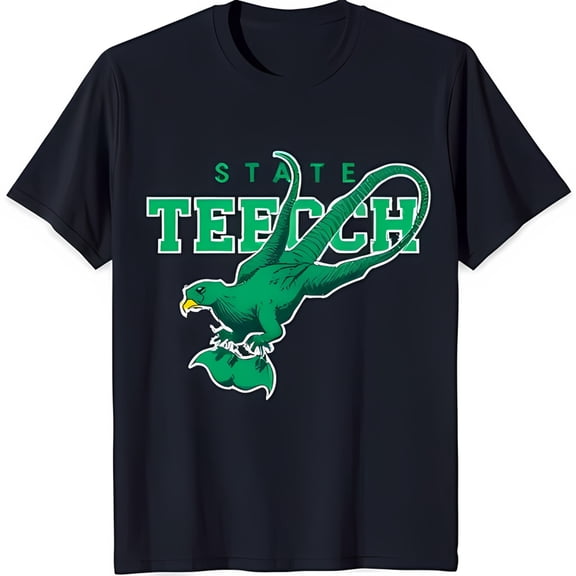 Stylish Black T-Shirt with Bold Green Graphic and 'State Tech' Design