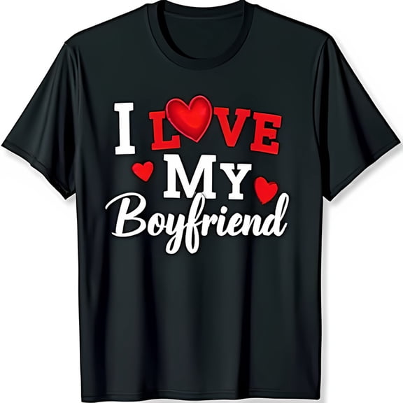 Stylish Black T-Shirt with Bold I LOVE MY Boyfriend Graphic & Hearts
