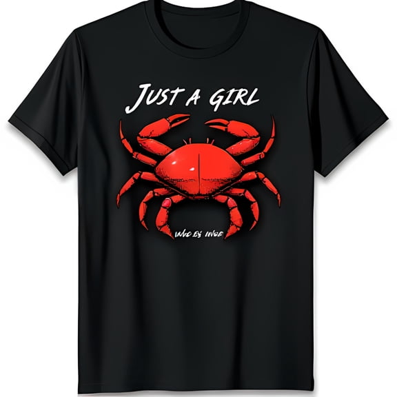 Stylish Black T-Shirt with Bold JUST A GIRL who is wise Text & Red Crab Graphic