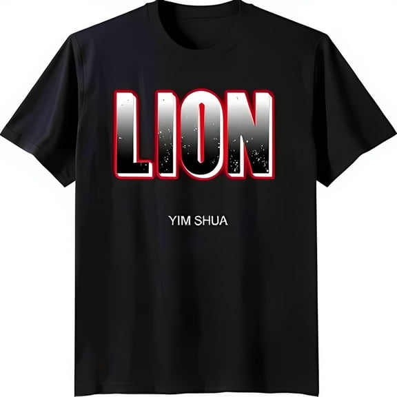 Stylish Black T-Shirt with Bold 'LION' Graphic and 'YIM SHUA' Design