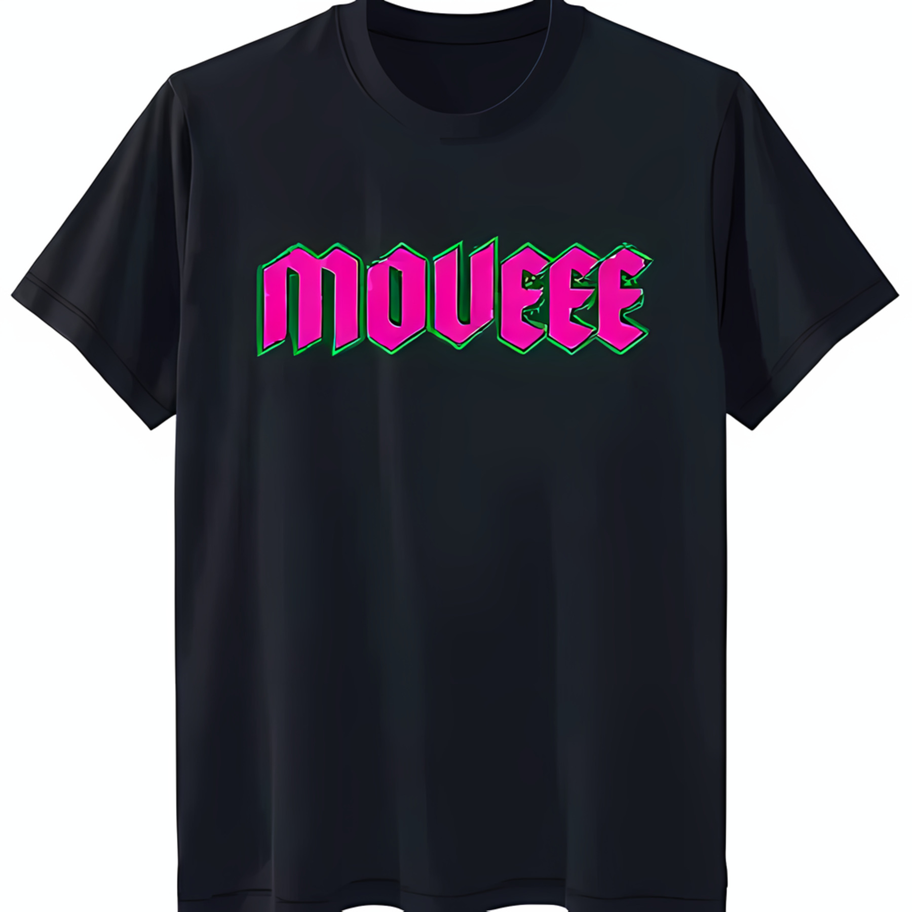 Moveee Stylish Black T-Shirt with Bold 'MOVEEE' Graphic in Pink & Green ...