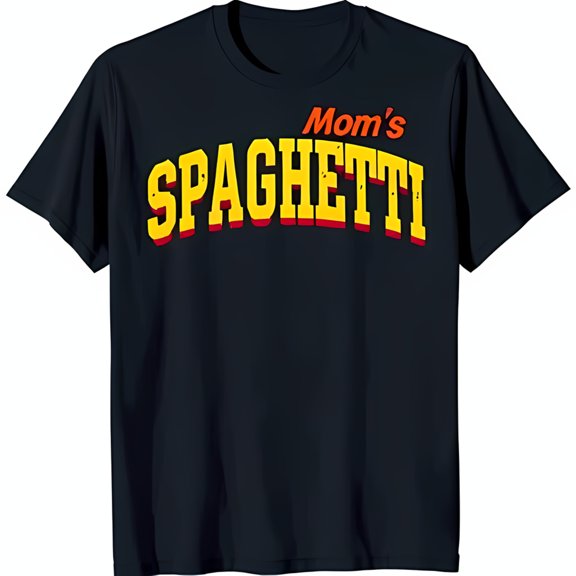 Stylish Black T-Shirt with Bold Mom s Spaghetti Chest Graphic for Lovers