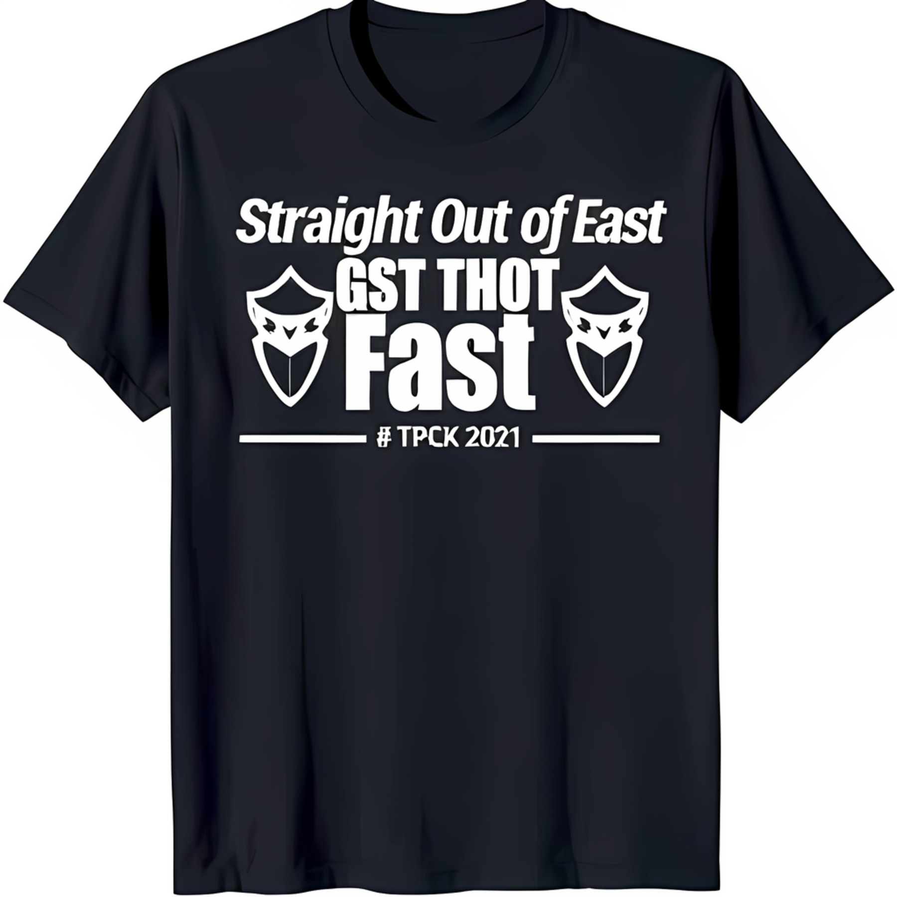 Stylish Black TShirt with Bold ' Out of East GST' Graphic & Guarding G